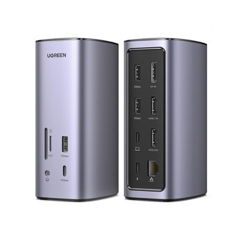 Докинг станция Ugreen CM555, от USB-C към 1x USB-C(PD), 2x USB-C, 2x USB-A, 1x DisplayPort, 2x HDMI, 1x AUX, 1x RJ45, 1x SD четец, 1x MicroSD четец, сива | JAR Computers Ugreen CM555 90325
