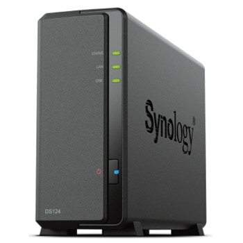 Мрежови диск (NAS) Synology DS124, четириядрен Realtek RTD1619B 1.7GHz, без твърд диск, (1x SATA 6Gb/s), 1GB DDR4, 1x RJ-45 1GbE LAN, 2x USB 3.2 | JAR Computers Synology DS124
