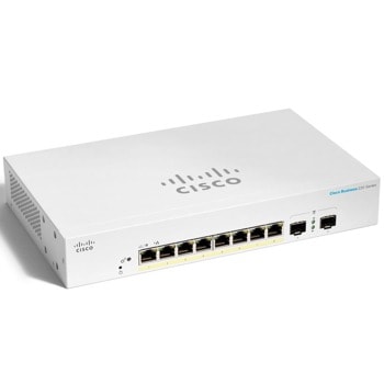 Суич Cisco CBS220, 1000Mbps, 8 порта, 8x 10/100/1000 (PoE+) + 2x Gigabit SFP (uplink) | JAR Computers Cisco CBS220-8P-E-2G-EU