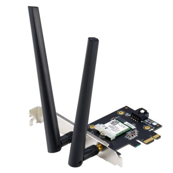 Мрежови адаптер Asus PCE-AXE5400, 3000Mbps, Wireless AX, 2.4GHz (574Mbps)/5GHz (2402Mbps), PCIe, Bluetooth 5.2, 2 външни антени | JAR Computers Asus PCE-AXE5400 90IG07I0-ME0B10