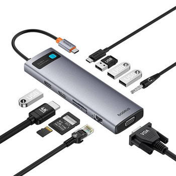 Докинг станция Baseus StarJoy Metal Glam Series 11 in 1, от USB C към 1x USB-C (PD), 1x USB-C, 4x USB-A, 1x HDMI, 1x VGA, 1x AUX, 1x RJ45, 1x SD/MicroSD четец, сива | JAR Computers Baseus StarJoy Metal Glam Series 11 in 1