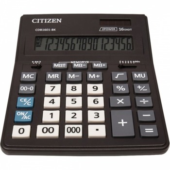 Калкулатор Citizen CMB-1601BK, 16-цифрен едноредов LCD дисплей, настолен, корен квадратен, десетичен селектор, закръглящ селектор, функция на паметта с 4 клавиша: MR, MC, M +, M-, автоматично изключване, черен image