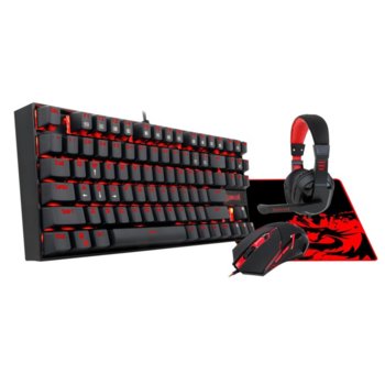 Комплект клавиатура/мишка/слушалки/пад Redragon Essentials K552-BB, механична, 3200 dpi, микрофон, червена подсветка, черни image