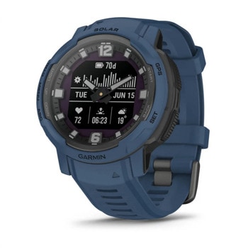 Смарт часовник Garmin Instinct Crossover Solar Tidal Blue, хибриден, MIP дисплей, 23 x 23 mm (0,9" x 0,9"), до 28 дни време за работа, слънчево зареждане, 64 MB Flash памет, GPS, пулсомер, Bluetooth, крачкомер, тъмносин | JAR Computers смарт часовник Garmin Instinct 010-02730-02