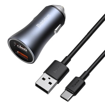 Зарядно устройство с USB C кабел Baseus TZCCJD-A0G, от автомобилна запалка към 2x USB A(ж), 5V/3A ; 9V/2A ; 10V/2A ; 12V/1.5A, сиво, 40W | JAR Computers Baseus TZCCJD-A0G