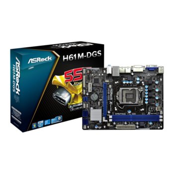 Дънна платка ASRock H61M-DGS, H61, LGA1155, DDR3, PCI-E 3.0 (DVI), SB5.1, Lan1000, SATA, mATX, BULK | JAR Computers ASRock H61M-DGS