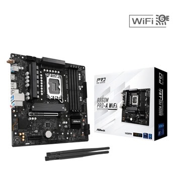 Дънна платка ASRock B860M Pro-A WiFi, B860, LGA1851, DDR5, PCI-E 5.0 (DP&HDMI), 4x SATA 6Gb/s, 3x M.2 slots, 1x USB 3.2 Gen2x2 Type-C, 2.5GbE LAN, WI-FI 6E, Bluetooth 5.3, Micro ATX | JAR Computers ASROCK B860M PRO-A WiFi