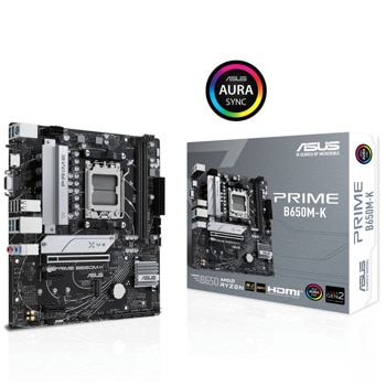 Дънна платка Asus Prime B650M-K, B650, AM5, DDR5, PCI-E 4.0 (HDMI&VGA), 2x M.2, 4x SATA 6Gb/s, 2x USB 3.2 Gen 2 Type-A, 2x USB 3.2 Gen 1 Type-A, 2.5GbE LAN, Micro ATX | JAR Computers Asus Prime B650M-K 90MB1F60-M0EAY0