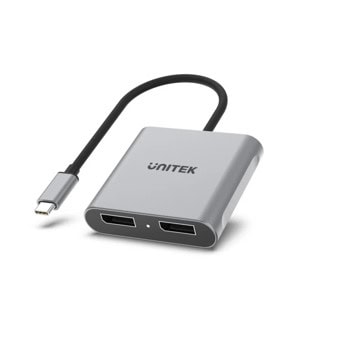 Преходник Unitek V1404A, от USB-C(м) към 2x DisplayPort(ж), сив | JAR Computers Unitek V1404A