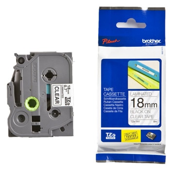 Лента за етикетен принтер Brother тип TZ, черен цвят на прозрачен фон, 18mm x 8m, PN: TZe-141 | JAR Computers Brother TZe-141