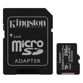 Карта памет 256GB microSDXC с адаптер, Kingston Canvas Select Plus, Class 10 UHS-I, скорост на четене 100MB/s, скорост на запис 85 MB/s | JAR Computers Карта памет Kingston Canvas Plus microSDHC 256GB