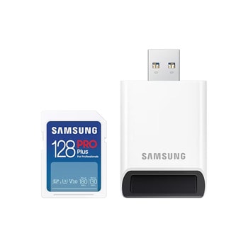 Карта памет 128GB SDXC с четец, Samsung PRO Plus (MB-SD128SB/WW), U3 V30, скорост на четене до 180MB/s, скорост на запис до 130MB/s | JAR Computers Карта памет 128GB SDXC Samsung MB-SD128SB/WW