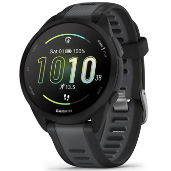 Смарт часовник Garmin Forerunner 165 (Black/Slate Grey), 1.2" (3.04cm) AMOLED дисплей, Bluetooth, ANT+, GPS, 4GB Flash памет, пулсомер, измерване на SpO2, мониторинг на съня, 5ATM, до 11 дни време на работа, черен | JAR Computers Garmin Forerunner 165 Black/Slate 010-02863-20