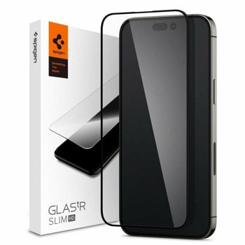 Протектор от закалено стъкло /Tempered Glass/ за Apple iPhone 14 Pro Max, Spigen Glass.Tr Slim, черен/прозрачен | JAR Computers Spigen Glass.Tr Slim за iPhone 14 Pro Max