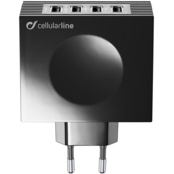 Зарядно устройство Cellular Line, от контакт към 4x USB A(ж), 4.2А (max 21W) 110-240V, черно | JAR Computers Cellular Line Зарядна станция с 4 USB входа IT607