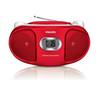 CD радиокасетофон, Philips AZ105R, FM/MW стерео тунер, 2 x 1 W RMS, червен, захранване от мрежата или батерии размер C (LR14) x 6 | JAR Computers Philips CD AZ105R, червен