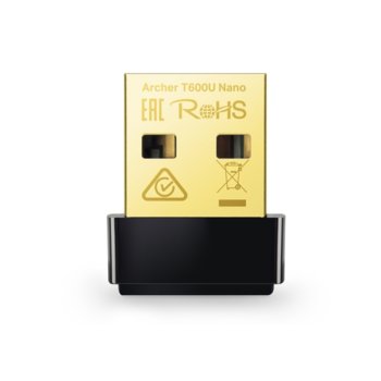 Мрежови адаптер TP-Link Archer T600U Nano, 600Mbps, 2.4Ghz (200 Mbps)/5GHz (433 Mbps), USB, 1x вътрешна антена | JAR Computers TP-Link Archer T600U Nano