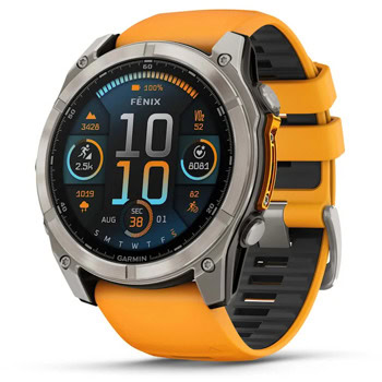 Смарт часовник Garmin fenix 8 51mm (Spark Orange/Graphite), 1.4" (3.55cm) AMOLED дисплей, Bluetooth, ANT+, Wi-Fi, GPS, 32GB Flash памет, мониторинг на съня, следене на сърдечния ритъм, 10ATM, до 29 дни време на работа, Sapphire/Titanium, оранжев | JAR Computers Garmin fenix 8 51mm Sapphire/Titanium 010-02905-11