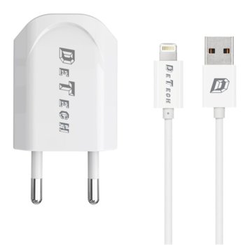 Зарядно устройство DeTech DE-11i от контакт към 1 x USB А(ж), 5V/1A, 220V, бяло с кабел от USB A(м) към Lightning, 1.0m image