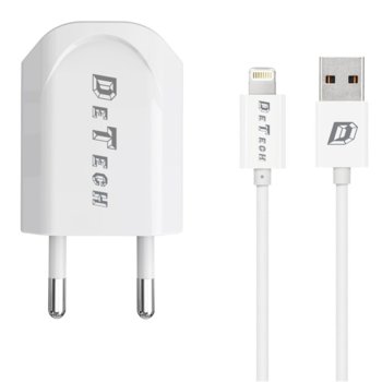 Зарядно устройство DeTech DE-11i от контакт към 1 x USB А(ж), 5V/1A, 220V, бяло с кабел от USB A(м) към Lightning, 1.0m | JAR Computers DeTech DE-11i 5V/1A, 220V, 1 x USB А(ж) бял 14116