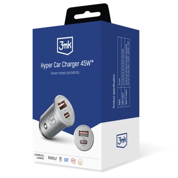 Зарядно устройство 3MK Hyper Car Charger (CC-1A1C-45-01), от автомобилна запалка към 1x USB-A, 1x USB-C, 45W, 5V, 4.5A, сребрист | JAR Computers 3MK Hyper Car Charger 45W CC-1A1C-45-01