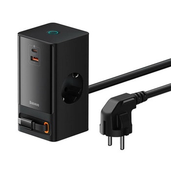 Зарядно устройство Baseus PowerCombo Digital (PSLR000301), от контакт към 1x Schuko/1x USB C(ж)/1x USB A(ж), 65W, черно | JAR Computers Baseus PowerCombo Digital 65W PSLR000301