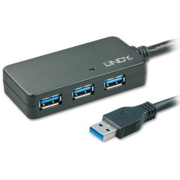 USB Хъб LINDY 43159, 4 порта, от USB Type-A към 4x USB 3.1 Type-A, 10м удължител, черен | JAR Computers LINDY 43159