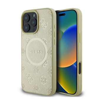 Калъф за Apple iPhone 16 Pro, хибриден (термополиуретан и полиуретан), Guess PU Saffiano Peony Stamp MagSafe Leather Hard Case, удароустойчив, златист | JAR Computers Guess GUHMP16LPSAPSMED