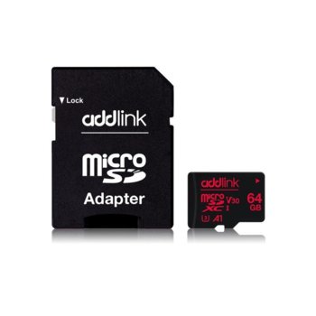 Карта памет 64GB microSDXC с адаптер, Addlink Professional, Class 10 UHS-I, скорост на четене 100 MB/s, скорост на запис от 45 MB/s | JAR Computers Addlink 64GB microSDXC UHS-1 V30 U3 + Adapter