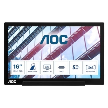 Монитор AOC I1601P, преносим, 15.6" (39.62 cm) IPS панел, Full HD, 4ms, 220 cd/m2, USB-C | JAR Computers AOC I1601P