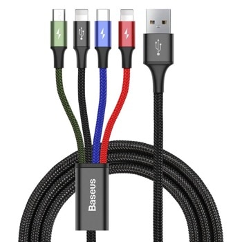 Кабел Baseus Fast 4-in-1 Charging Data Cable (CA1T4-A01), от USB A(м) към 2x Lightning(м), USB C(м) microUSB(м), 1.2m, черен | JAR Computers Baseus Fast 4-in-1 Charging Data Cable CA1T4-A01
