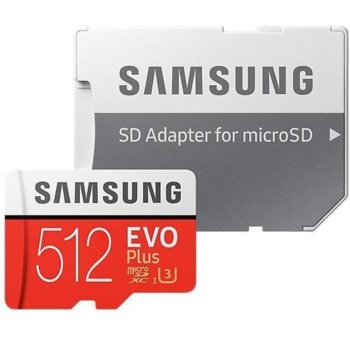 Карта памет 512GB microSDXC с адаптер, Samsung EVO+ MB-MC512HA/EU, скорост на четене 100MB/s, скорост на запис 90MB/s image