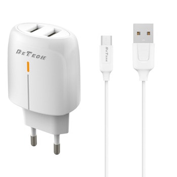 Зарядно устройство DeTech DE-32QCM, от контакт към 2x USB-A(ж), 18W, бяло, кабел от USB-A(м) към USB-C(м) | JAR Computers Зарядно устройство DeTech DE-32QCM 40323