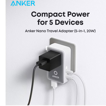 Anker Nano Travel Adapter (5-in-1 20W) A9215H21 | JAR Computers Anker Nano Travel Adapter (5-in-1 20W) A9215H21
