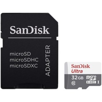 Карта памет 32GB microSDHC с адаптер, SanDisk Ultra Light (SDSQUNR-032G-GN3MA), UHS-I, скорост на четене 100MB/s | JAR Computers Sandisk 32GB Ultra Light microSDHC + SD Adapter