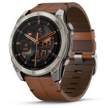 Смарт часовник Garmin fenix 8 51mm (Chestnut), 1.4" (3.55cm) AMOLED дисплей, Bluetooth, ANT+, Wi-Fi, GPS, 32GB Flash памет, мониторинг на съня, следене на сърдечния ритъм, 10ATM, до 29 дни време на работа, Sapphire/Titanium, кожена каишка, кафяв | JAR Computers Garmin fenix 8 51mm Sapphire/Titanium 010-02905-40