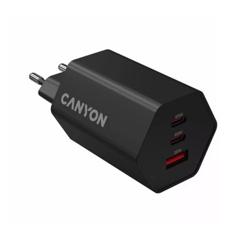 Зарядно устройство Canyon Hexagon 65, от контакт към 2x USB C(ж), 1x USB A(ж), 20V/3.25A, черно, 65W | JAR Computers Canyon Hexagon 65 Black CND-CHAHEX65B