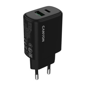 Зарядно устройство Canyon OnCharge 200, от контакт към 1x USB-C(ж), 1x USB-A(ж), 12V, черно, 20W, QC 3.0 | JAR Computers Canyon CNE-CHA200-31