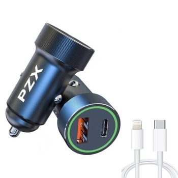 Зарядно за кола PZX C916, от автомобилна запалка към 1x USB C(ж), 1x USB A(ж), 12~24V, USB C(м) към Lightning (м) кабел, черно | JAR Computers PZX C916 09010102