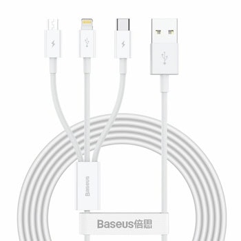 Кабел Baseus Superior, от USB A(м) към USB C(м), Lightning(м), Micro B(м), 1m, бял | JAR Computers Baseus USB to M L C