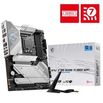 Дънна платка MSI MPG Z790 EDGE TI MAX WIFI, Z790, LGA1700, DDR5, PCI-E 5.0 (HDMI&DP), 5x M.2, 8x SATA 6Gb/s, 1x USB 3.2 Gen 2x2 Type-C, 1x USB 3.2 Gen 2 Type-C, 2.5Gbps LAN, Wi-Fi 7, Bluetooth, ATX | JAR Computers MSI MPG Z790 EDGE TI MAX WIFI 911-7E25-009