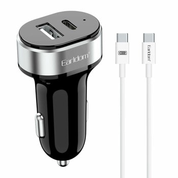 Зарядно устройство за кола Earldom ES-CC14 40244, от автомобилна запалка към 1x USB A(ж), 1x USB C(ж), 2.4A, черно, с включен кабел USB-C към USB-C, 1m, бял | JAR Computers Earldom ES-CC14 40244