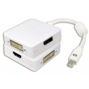 Преходник DeTech, Mini DisplayPort(м) към DVI, HDMI, VGA(ж), бял | JAR Computers DeTech Mini DisplayPort(м) към DVI, HDMI, VGA(ж)