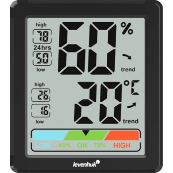 Цифров термо-хигрометър Levenhuk Wezzer Base L20, термометър, влагомер, измерва температура и влажност, индикация за качеството на температурата и влажността в помещението, черен image