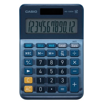 Калкулатор Casio MS-120EM, 12-цифрен LCD дисплей, настолен, изчисляване на %, преобразуване на валута, бутон за бърза корекция, син | JAR Computers CASIO MS-120EM