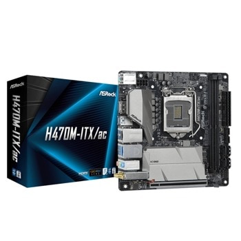 Дънна платка ASRock H470M-ITX/ac, H470, LGA1200, DDR4, PCI-E 3.0 (DP/HDMI), 4x SATA 6Gb/s, 2x M.2, 4x USB 3.2 Gen 2, Wi-Fi, Bluetooth, Mini ITX | JAR Computers ASRock H470M-ITX/AC