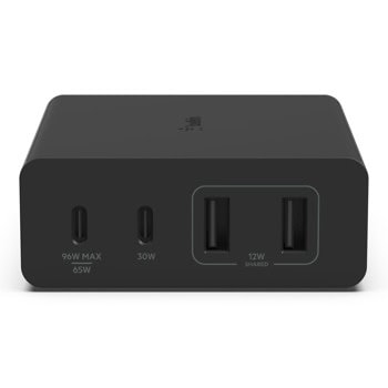 Зарядно устройство Belkin Boost Charge Pro 4-Port GaN Charger, от контакт към 2x USB-A(ж)/2x USB-C(ж), 108W, черно | JAR Computers Belkin Boost Charge Pro 4-Port GaN Charger Black