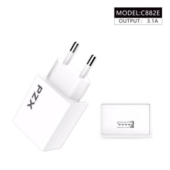 Зарядно устройство PZX C882E, от контакт към 1x USB Type-A(ж), 3.1A, бяло | JAR Computers Зарядно у-ство C882E PZX 220V USB 3.1A