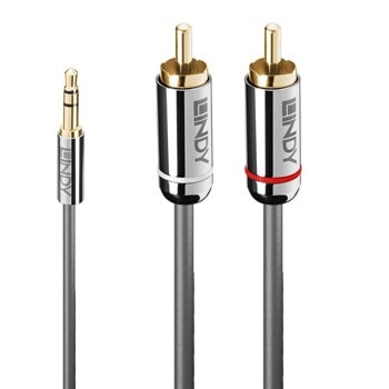 Кабел Lindy LNY-35333, от 3.5mm жак(м) към 2x RCA чинч(m), 1m, сив | JAR Computers Lindy LNY-35333