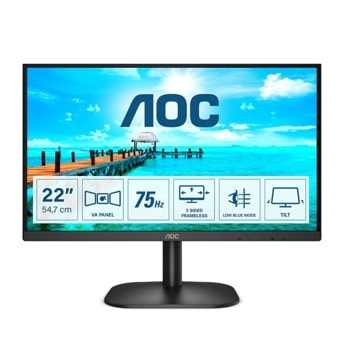 Монитор AOC 22B2DA, 21.5" (54.61 cm) VA панел, 75Hz, Full HD, 4ms, 20 000 000:1, 200cd/m2, HDMI, DVI, VGA | JAR Computers AOC 22B2DA
